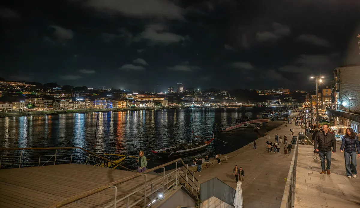 The Ribeira waterfront lit up at night